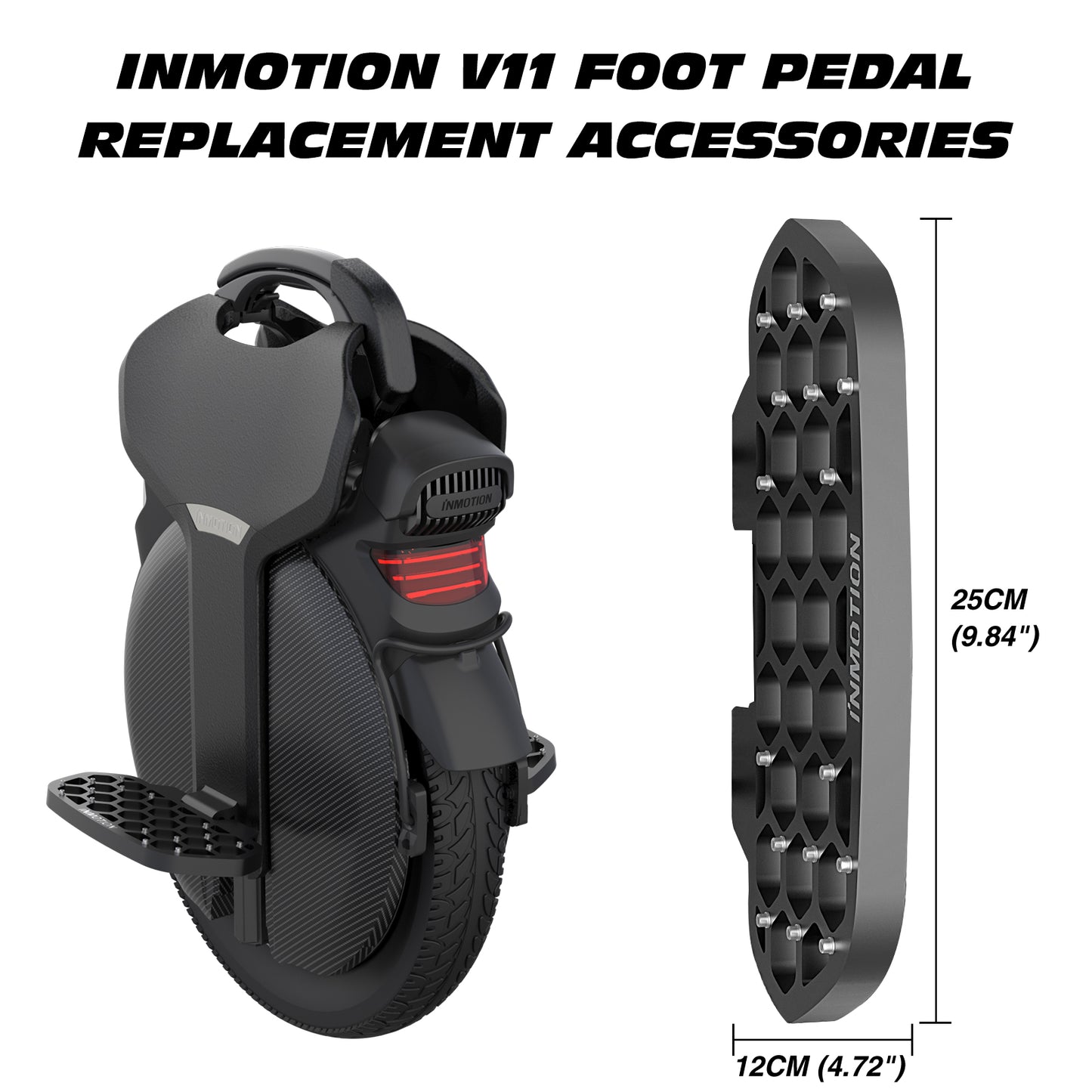 INMOTION V11 unicycle with honeycomb foot pedal replacement accessory displayed.