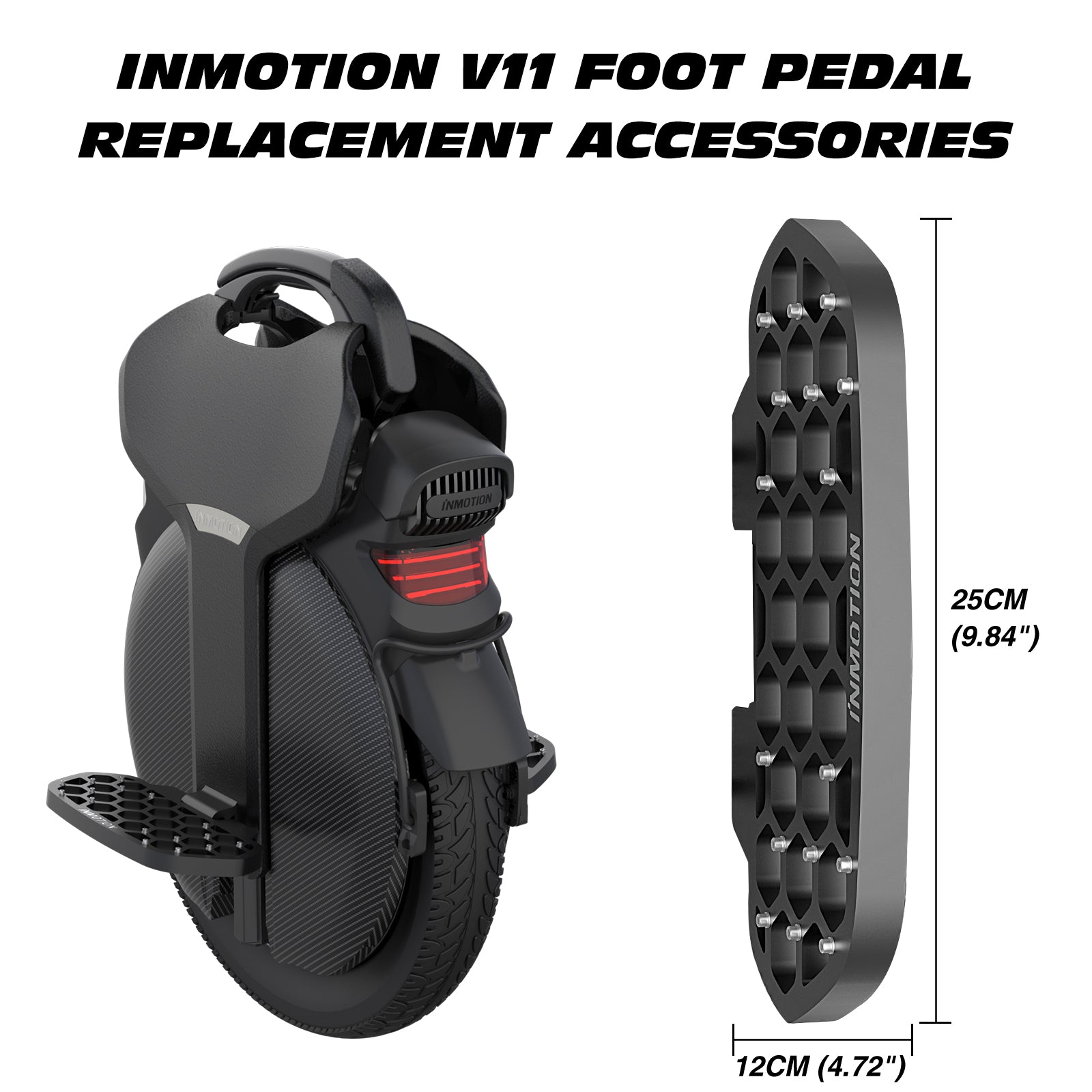 INMOTION V11 unicycle with honeycomb foot pedal replacement accessory displayed.