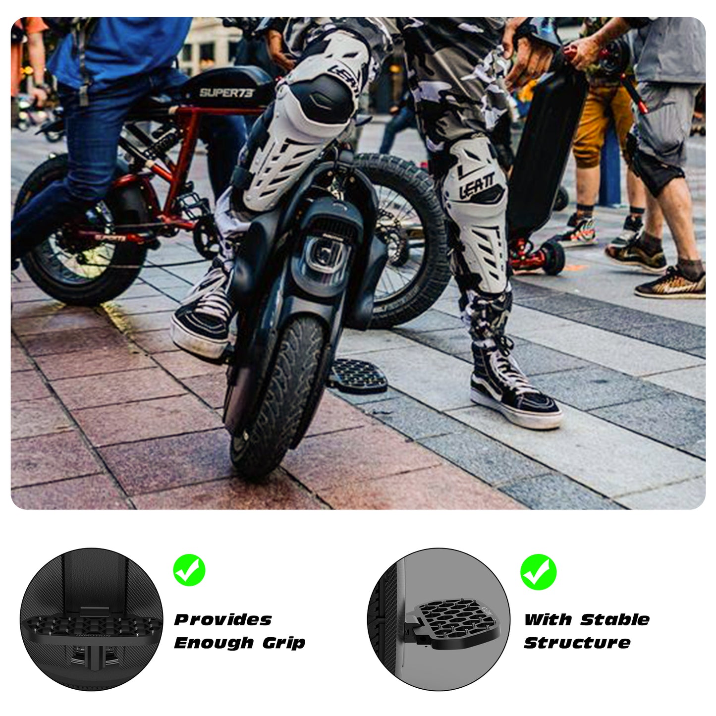 User demonstrating INMOTION V11 V12 V13 honeycomb foot pedals on unicycle.