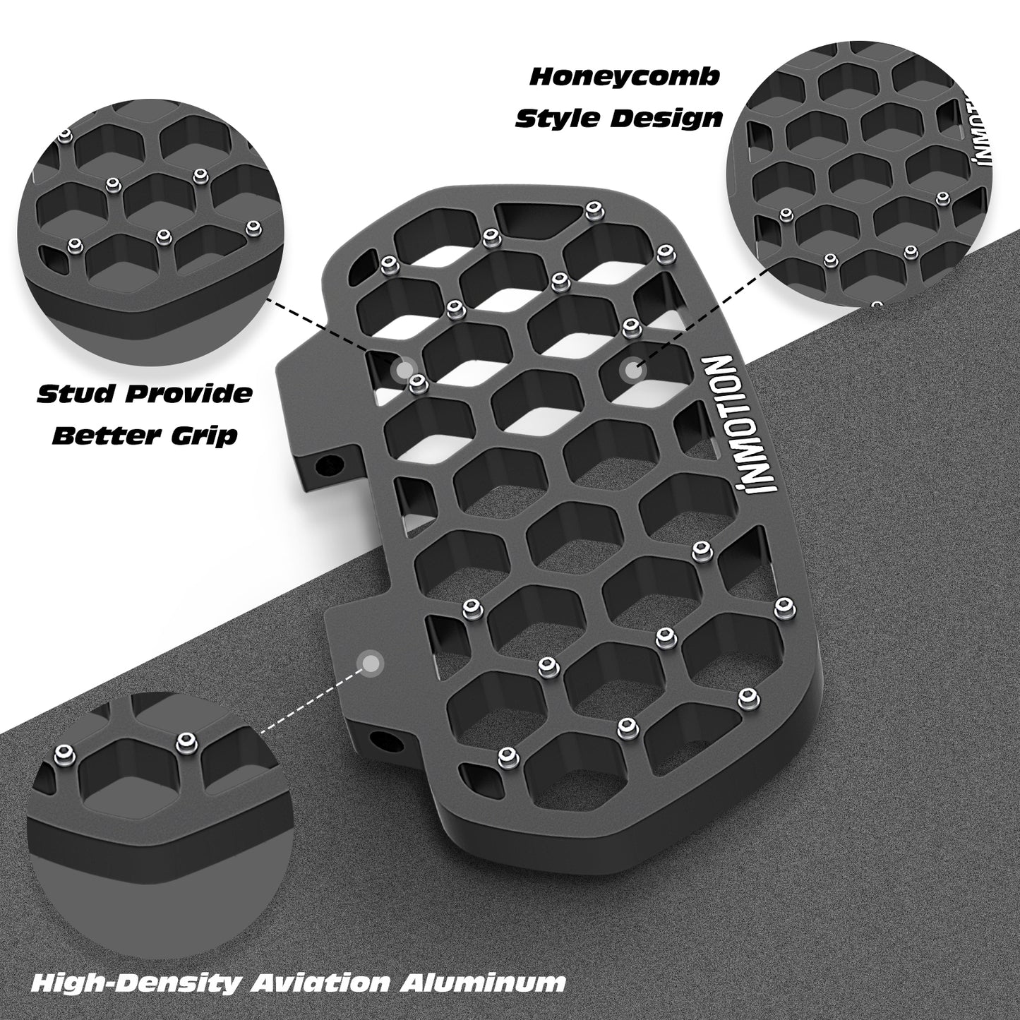 INMOTION honeycomb foot pedal featuring grip studs and high-density aluminum construction.