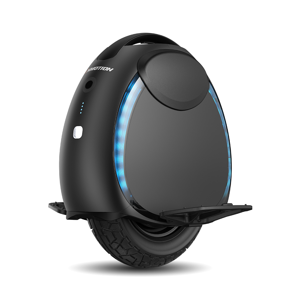 The INMOTION V6 is a sleek, modern electric unicycle with a black design and blue LED accents.