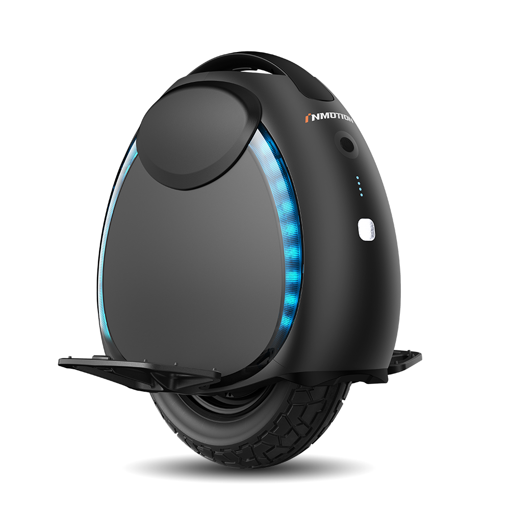 The INMOTION V6 is a sleek, black electric unicycle with blue LED lights and a modern design.