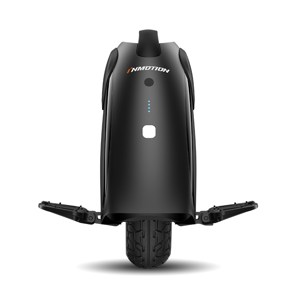 The INMOTION V6 is a sleek, black electric unicycle with a modern design and visible battery indicator lights.