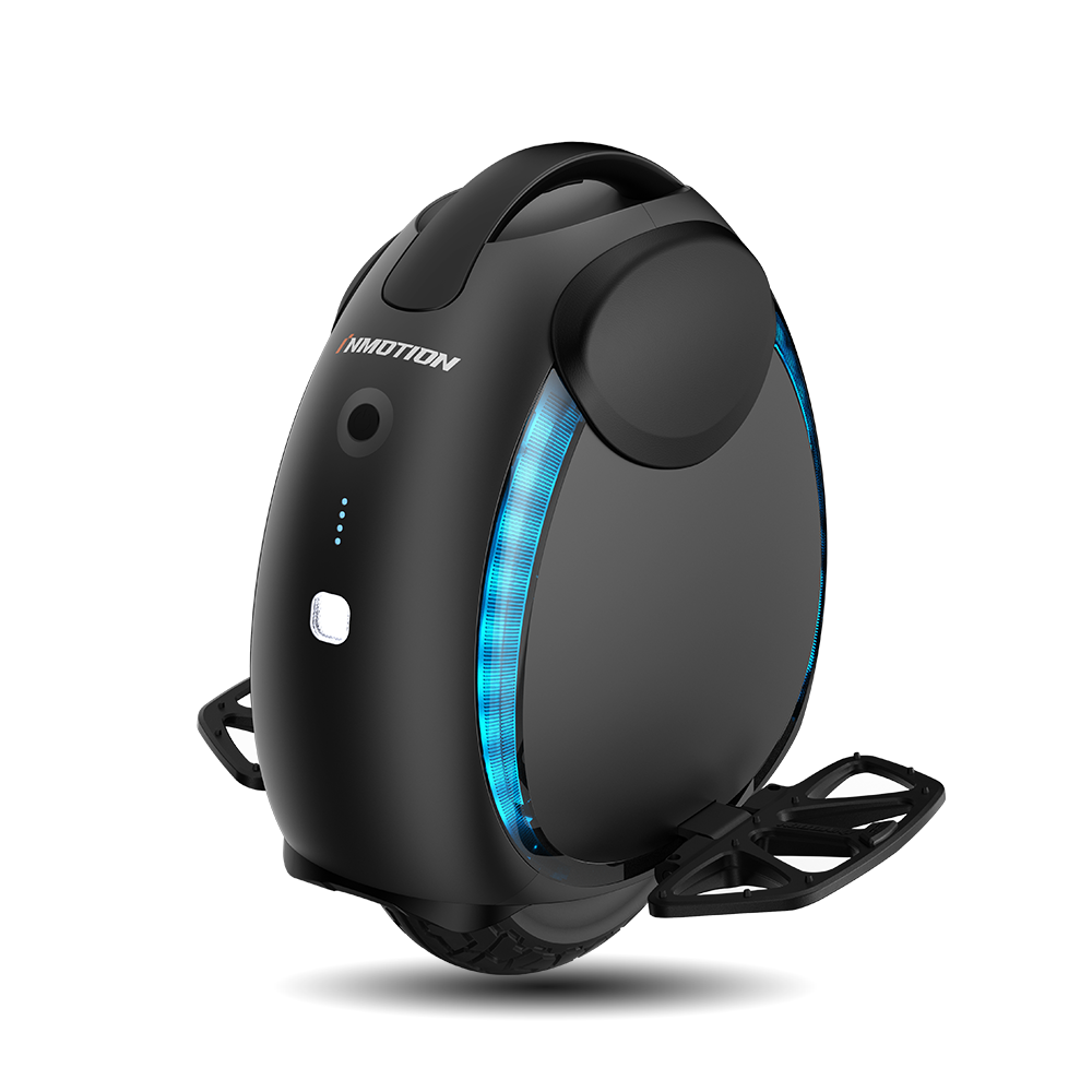 The INMOTION V6 is a sleek black electric unicycle with blue LED lights and a modern, compact design.