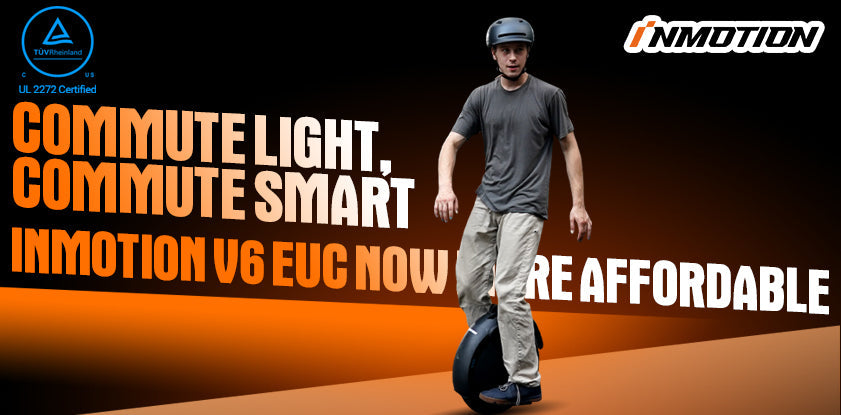 INMOTION V6 electric unicycle —UL 2272 certified, rider commuting on an orange-black gradient background