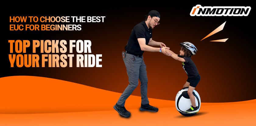 A child learns to ride an electric unicycle with the help of an adult, wearing a helmet and protective gear.
