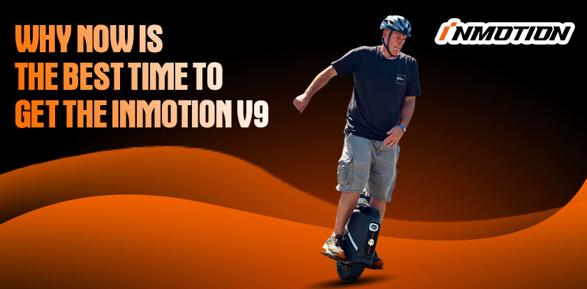 Rider wearing a helmet balancing on the INMOTION V9 electric unicycle.