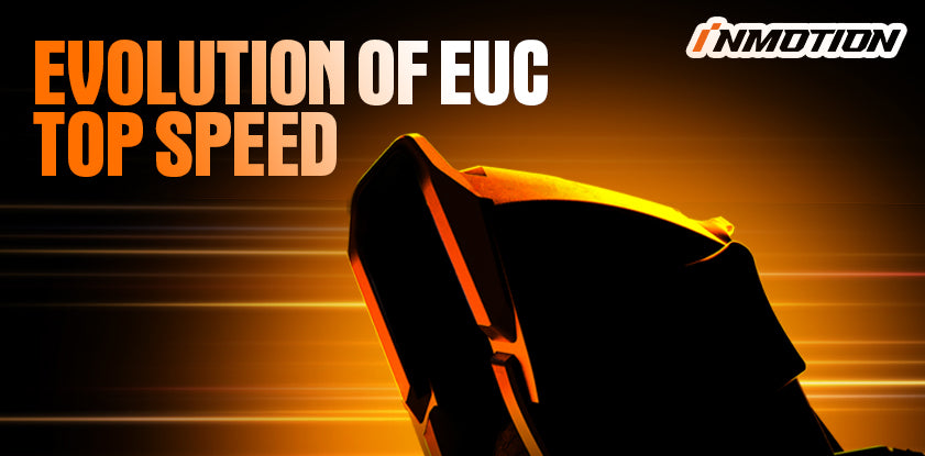 Evolution of EUC Top Speed with INMOTION logo and an electric-unicycle silhouette in orange light