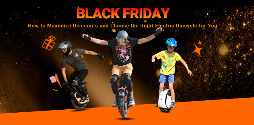 Black Friday deals on electric unicycles with three riders showcasing different models, offering huge discounts on top EUCs