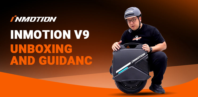 Man with Inmotion helmet posing with Inmotion V9 electric unicycle unboxing