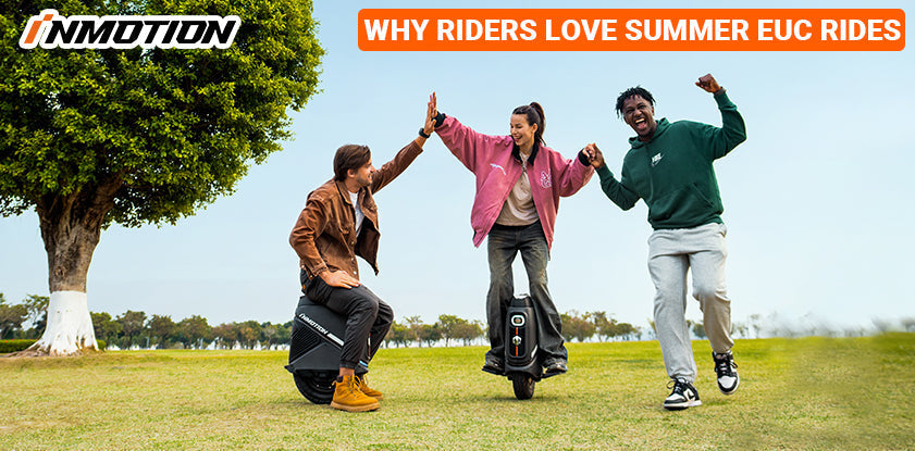 INMOTION riders enjoying summer electric unicycle rides in a park