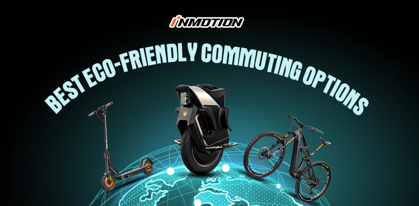 INMOTION logo with electric scooter, unicycle, and bicycle in front of a world map, showcasing the best eco-friendly commuting options.