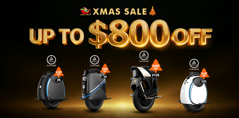 INMOTION Christmas sale banner showcasing UL2272 certified electric unicycles like V6, V9, V12S, and E20 with discounts up to $800 off.