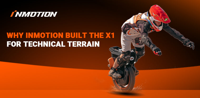 INMOTION X1 electric unicycle built for technical terrain, rider performing extreme wheelie